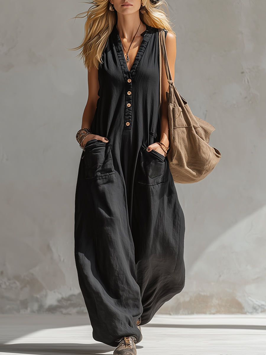 Elegant Urban-style Black Cotton And Linen Sleeveless Jumpsuit