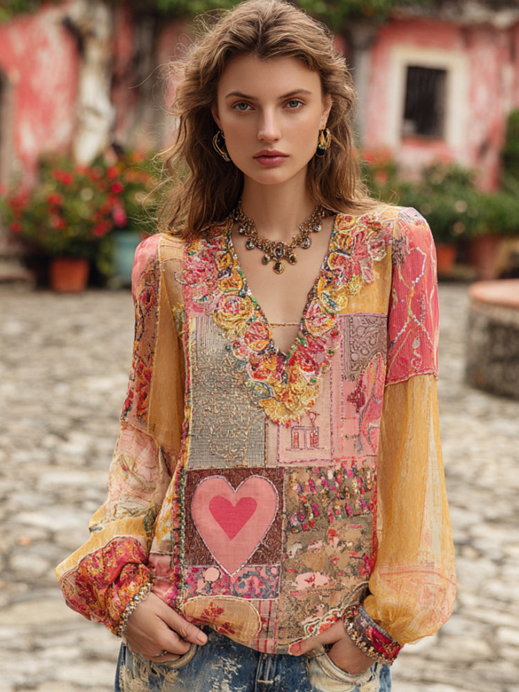 Vintage Heart And Floral Romantic V-neck Long Sleeve Top
