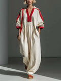 Casual Color-block Red Linen And Cotton Jumpsuit