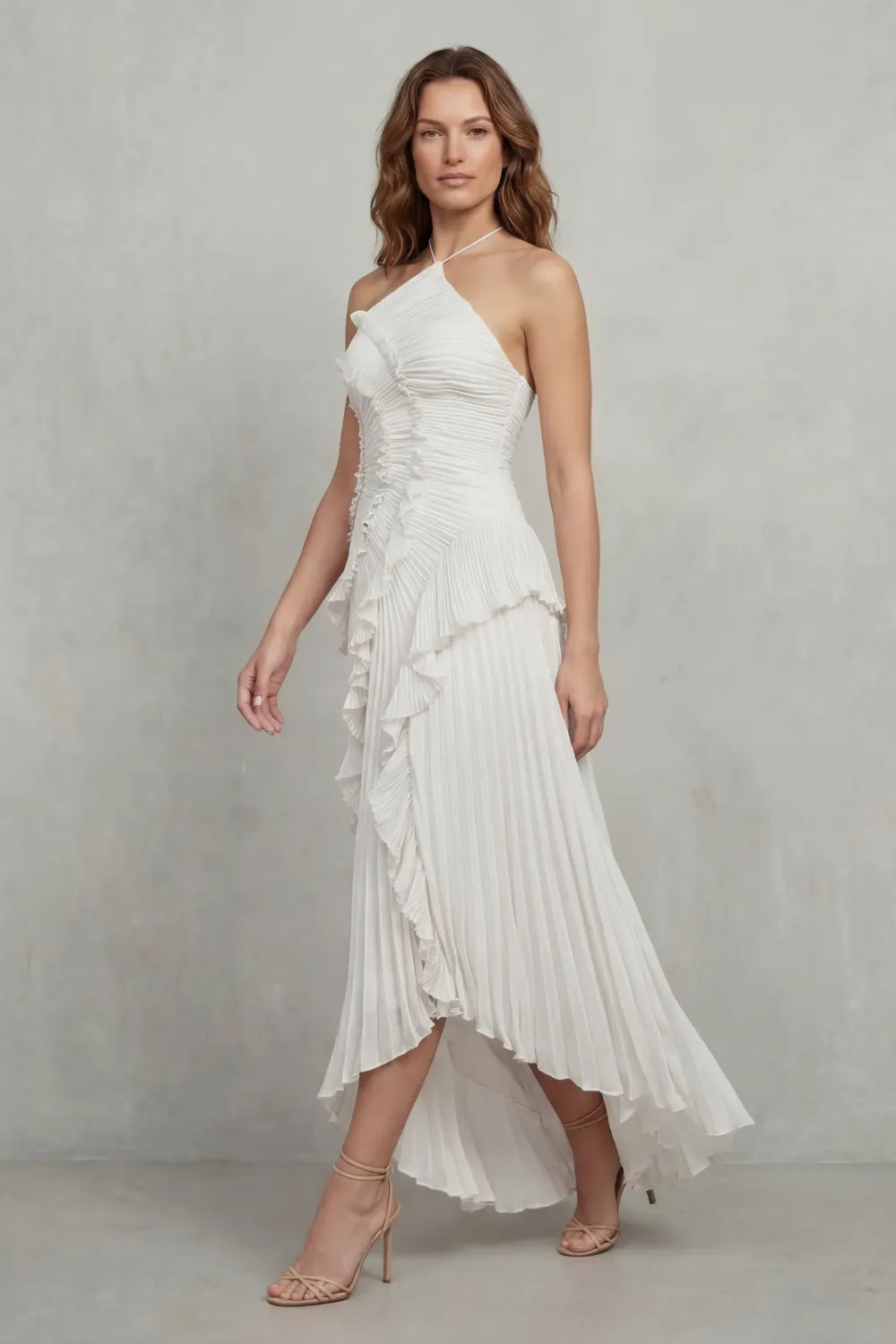 Sculpted pleats – One-shoulder midi dress