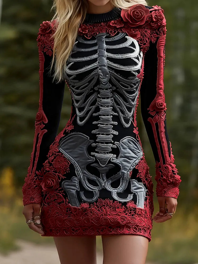 Women's Halloween Skeleton Bones Leather With Rose Pattern Art Hot Sexy Style Cozy Knit Mini Sweater Dress