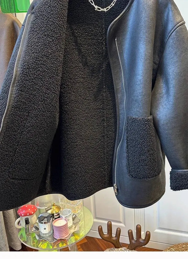 Women Drop Shoulder Pocket Vintage Faux Leather Sherpa Lined Zip Jacket  Outerwear