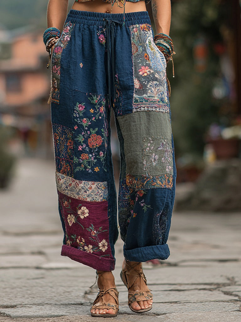 Women's Japanese Sashiko And Floral Pattern Linen Pants