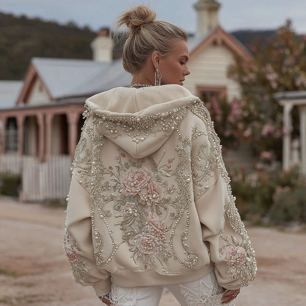 Women's Retro Bohemian Floral Embroidery Casual Hooded Sweatshirt