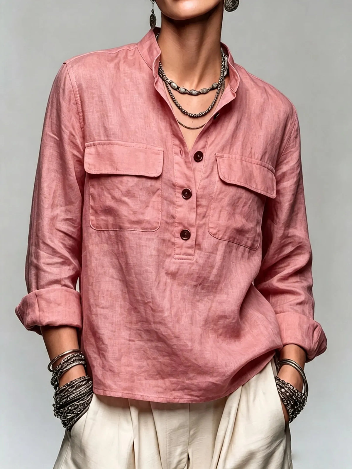 Stand Collar Half Button Pocket Linen Blend Blouse, Women Roll‐Up Long Sleeve Top