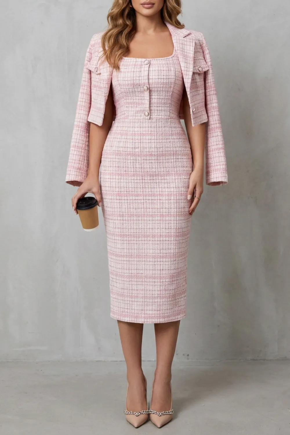 Elegant plaid tailoring – Two-piece midi dress set