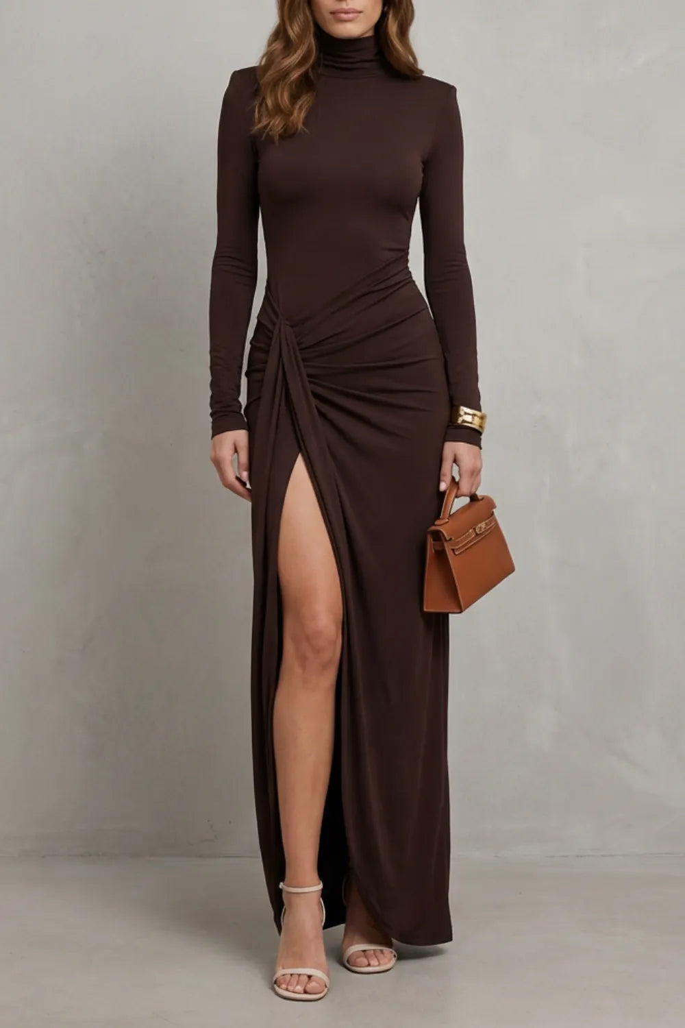 Draped Waist High-Slit Dress – Sophisticated Evening Glamour