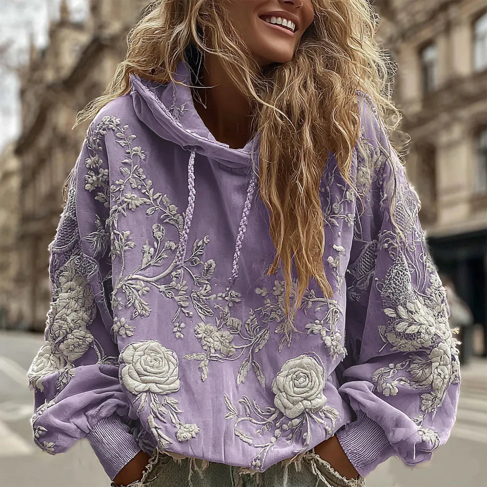 Women's Classic Romantic White Rose Embroidery Art Comfy Hoodie