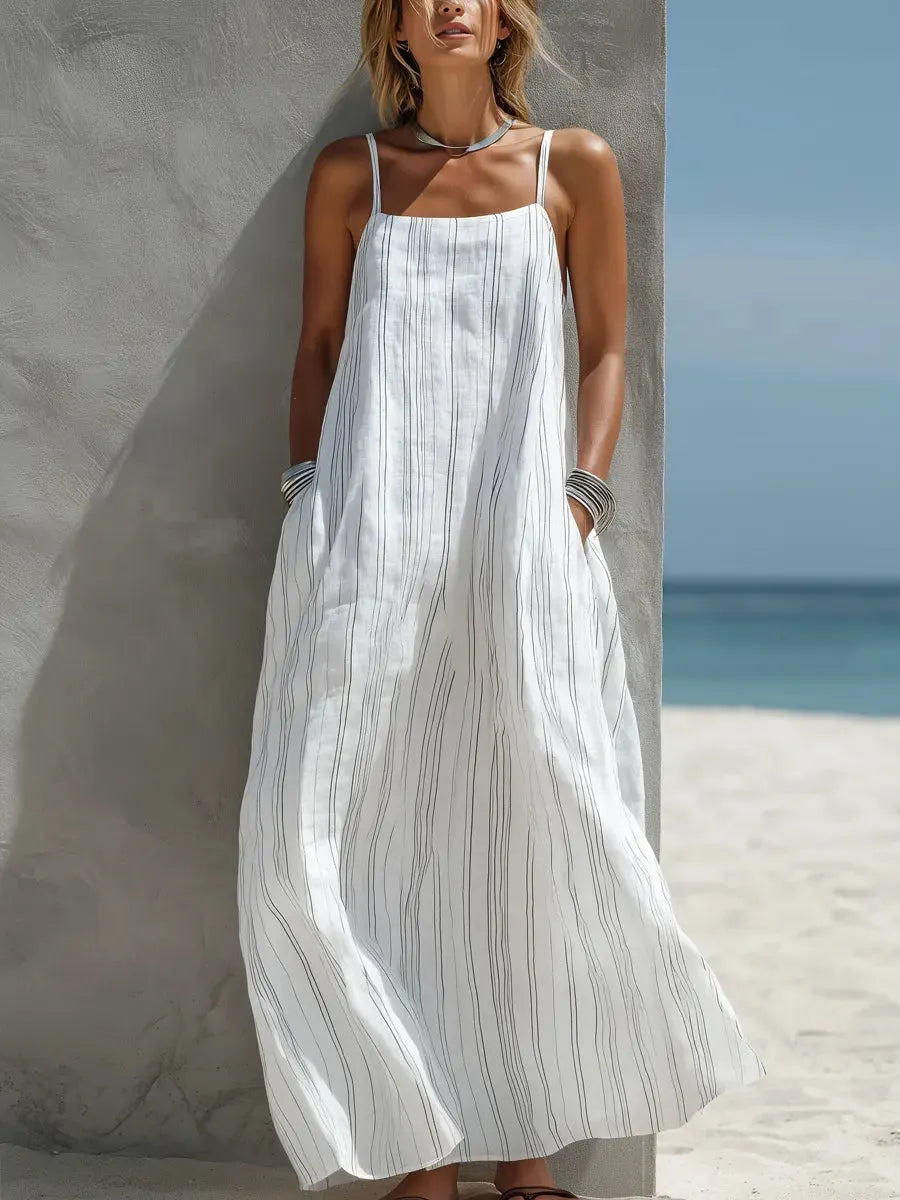 Women's Simple Striped Cotton-linen Strap Dress