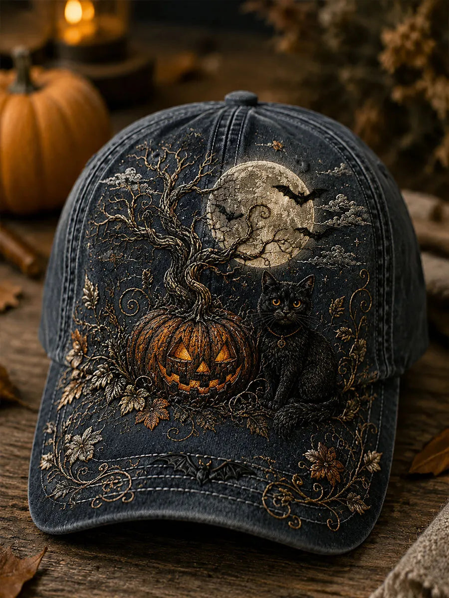 Halloween Black Cat Pumpkin Moonlight Vintage Baseball Cap
