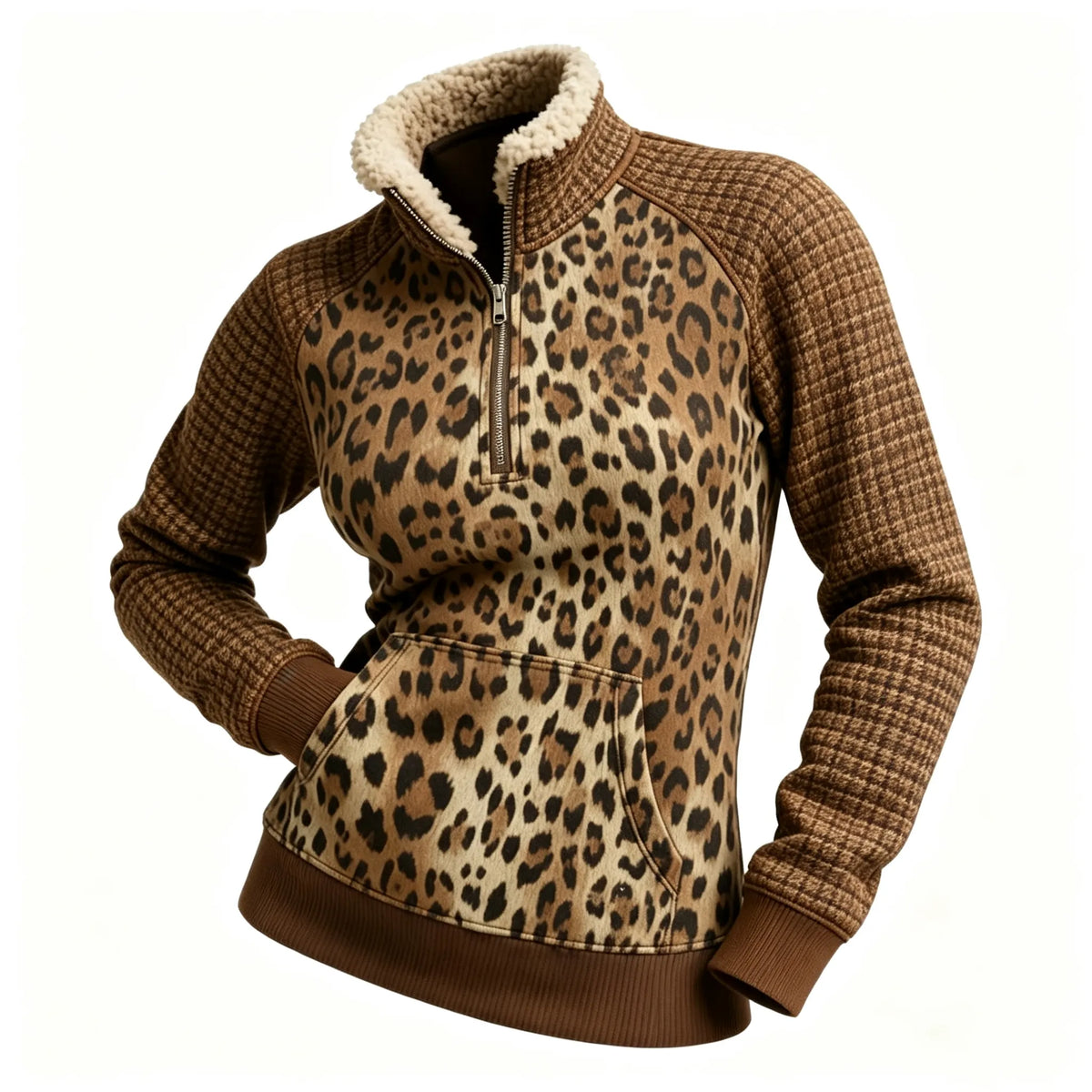 Women's Retro Leopard Print Half-Zip Collar Sweatshirt