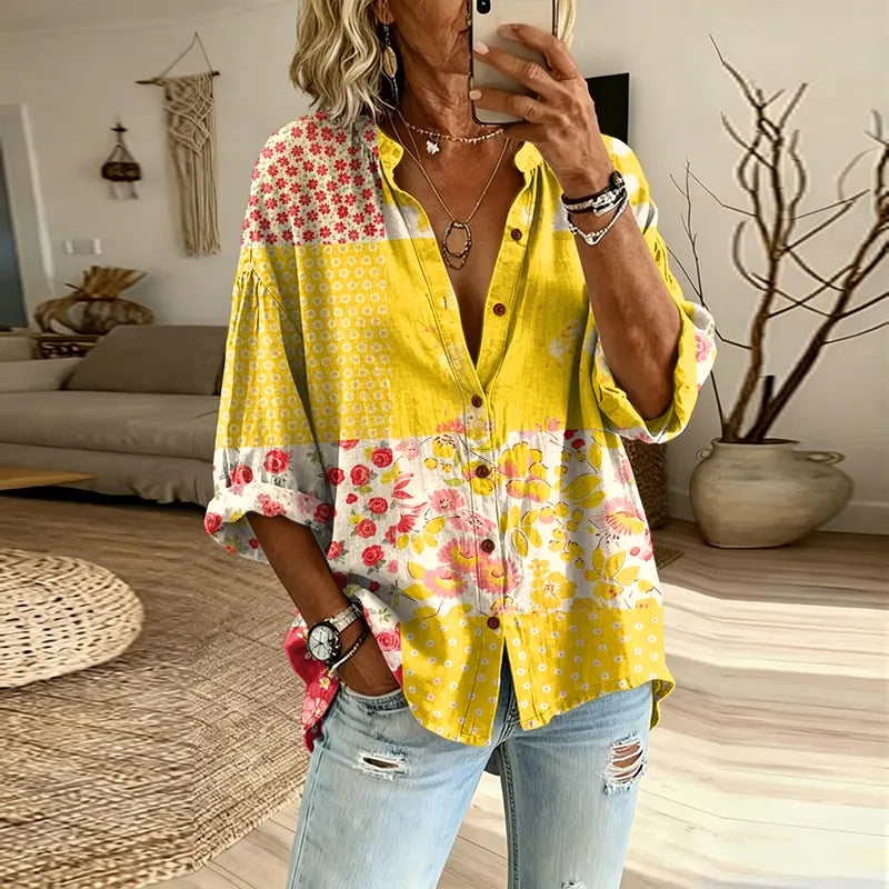 Women's Vintage Floral Patchwork Long-sleeve Button-up Shirt