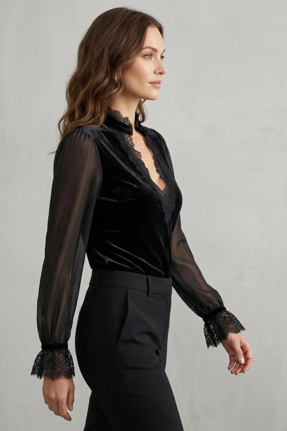 Refined lace trim – Velvet sheer blouse