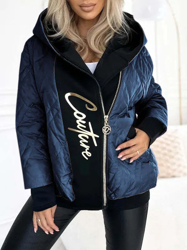 🔥Limited-time deal!😍Women's Hooded Zipper Stitching Contrast Color Letter Print Casual Cotton Coat