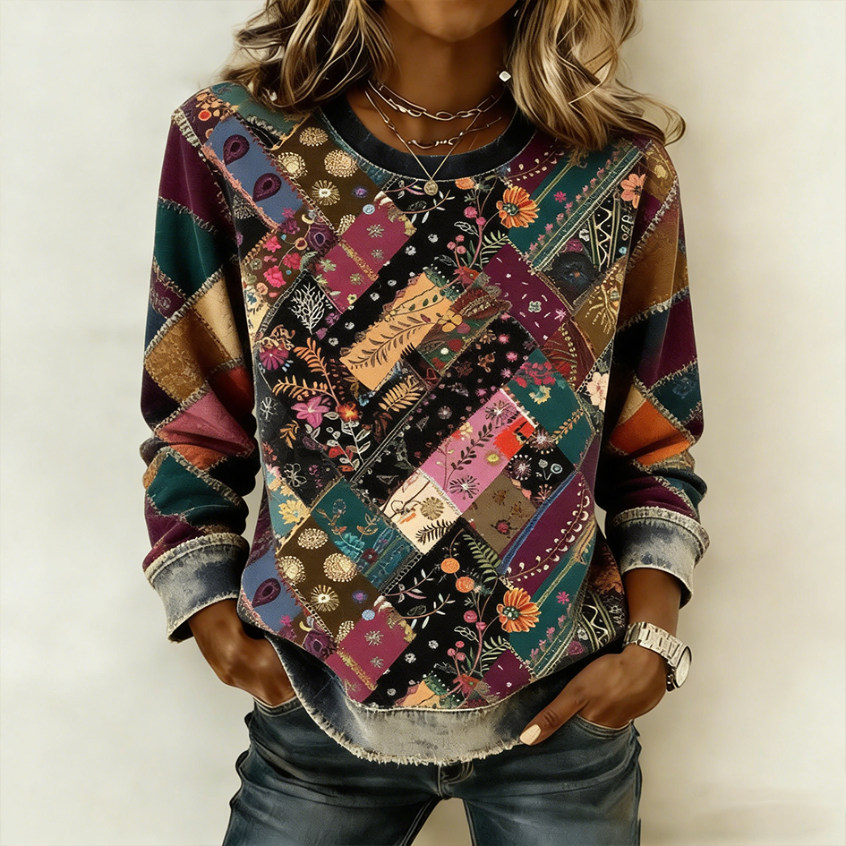 Vintage Plant Flower Patchwork Pattern Relaxed Long-sleeve Sweatshirt