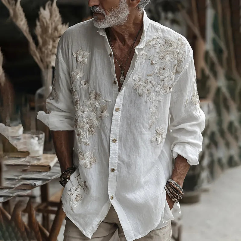 Men's Vintage Floral Embroidered Art Button Linen Shirt