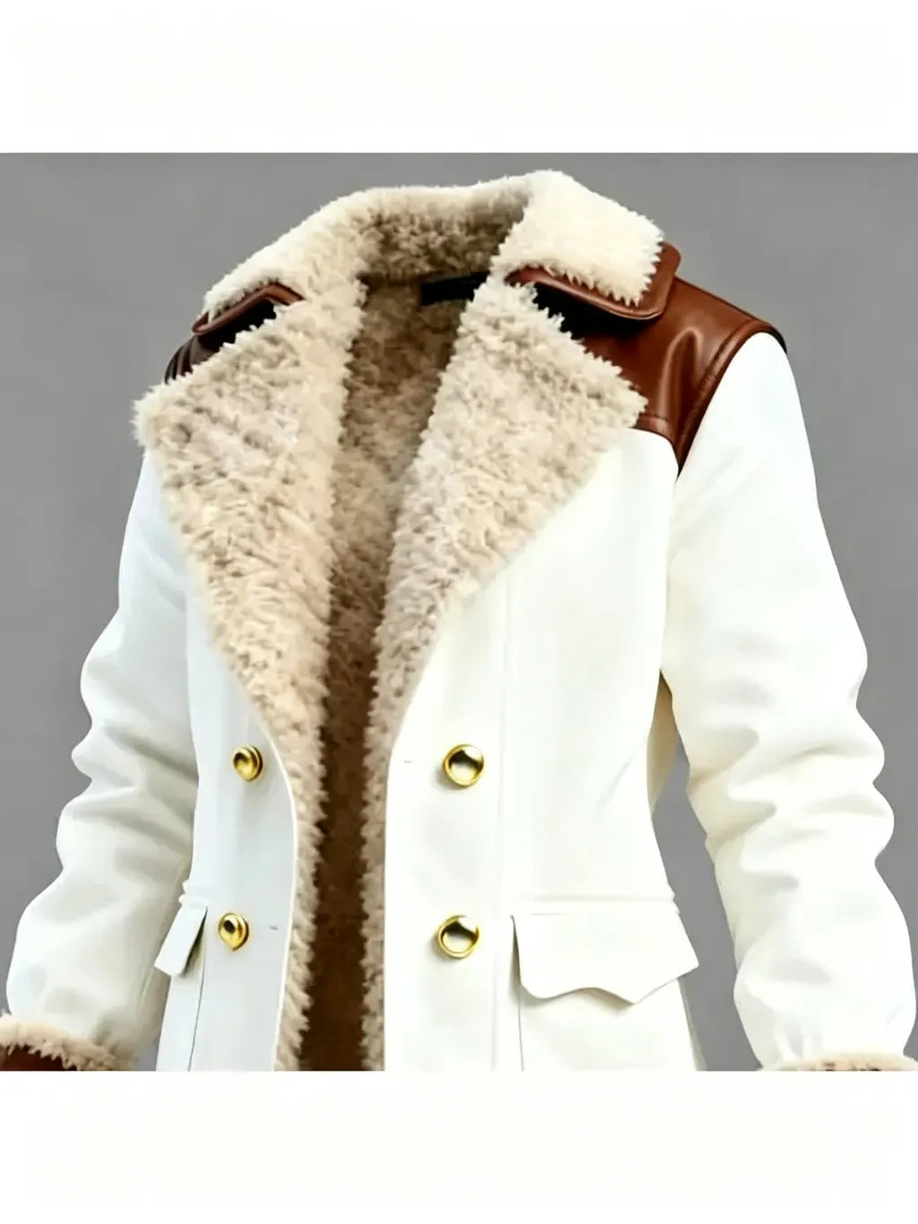 Women's Vintage White Leather Contrast Fleece Faux Fur Lining Coat