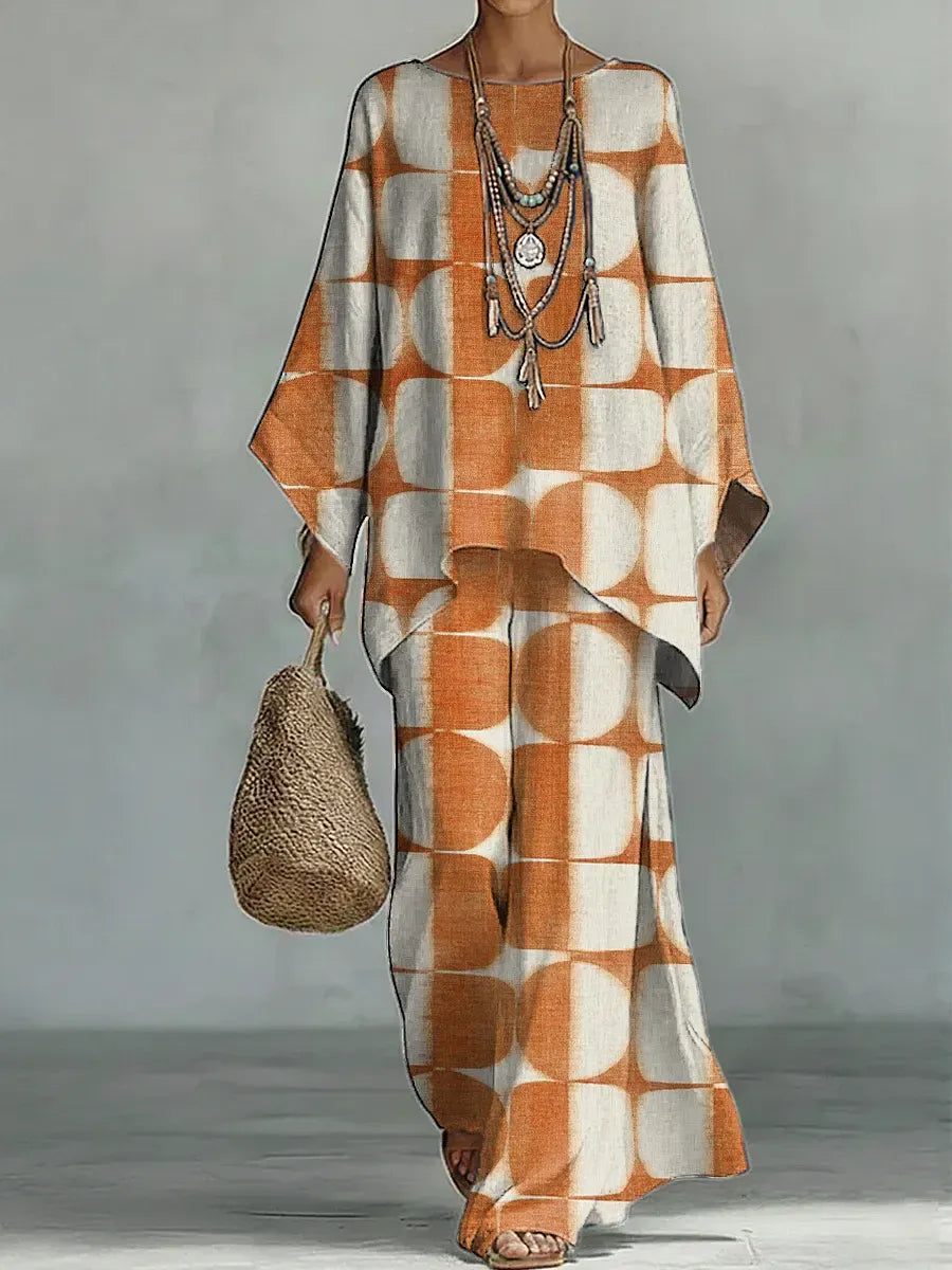 Women's Vintage Geometric Art Comfortable Loose Cotton Linen Wide-leg Pants Two-piece Set
