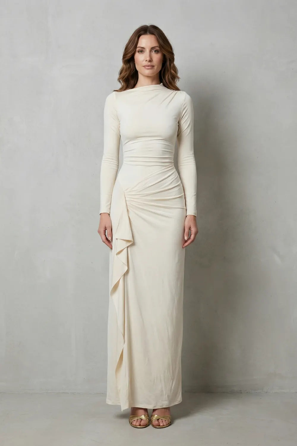 Sculpted side drape – Long sleeve maxi gown