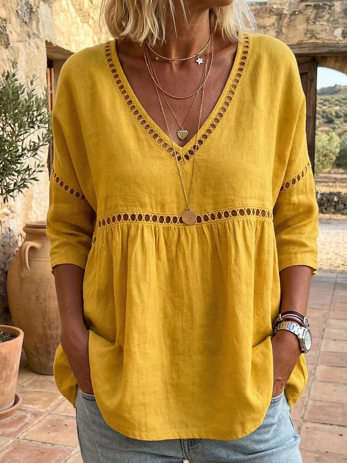 Cozy Hollow-out Patchwork V-neck Linen-cotton Blouse
