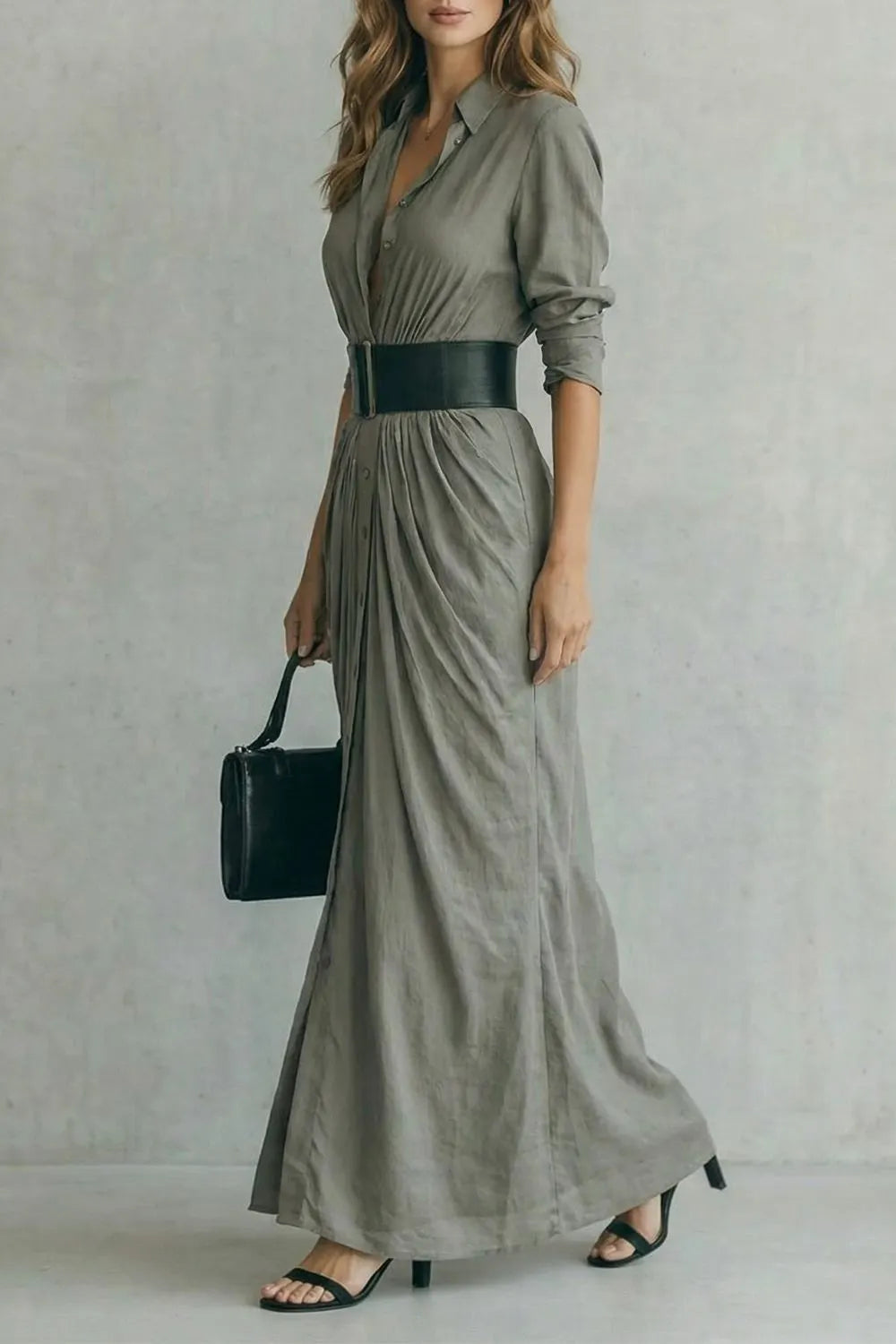 Pleated waist drama – Maxi shirt dress (includes belt)
