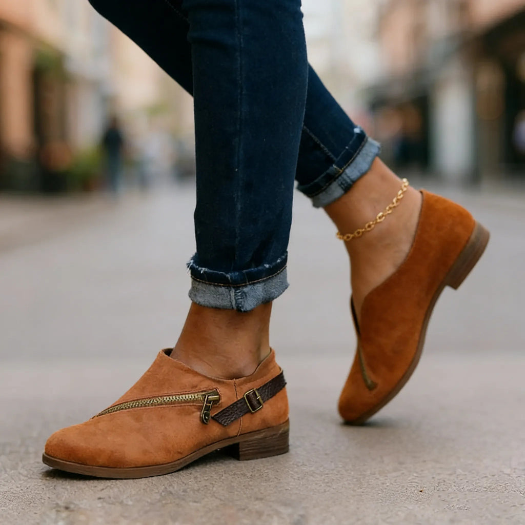 Women Casual Retro Round Toe Low Heel Zipper Boots