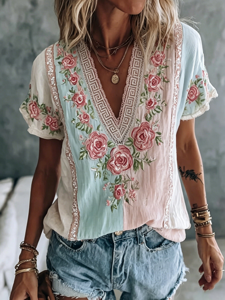 Women's Rose Color Block Cotton Linen V-neck Short Sleeve Top