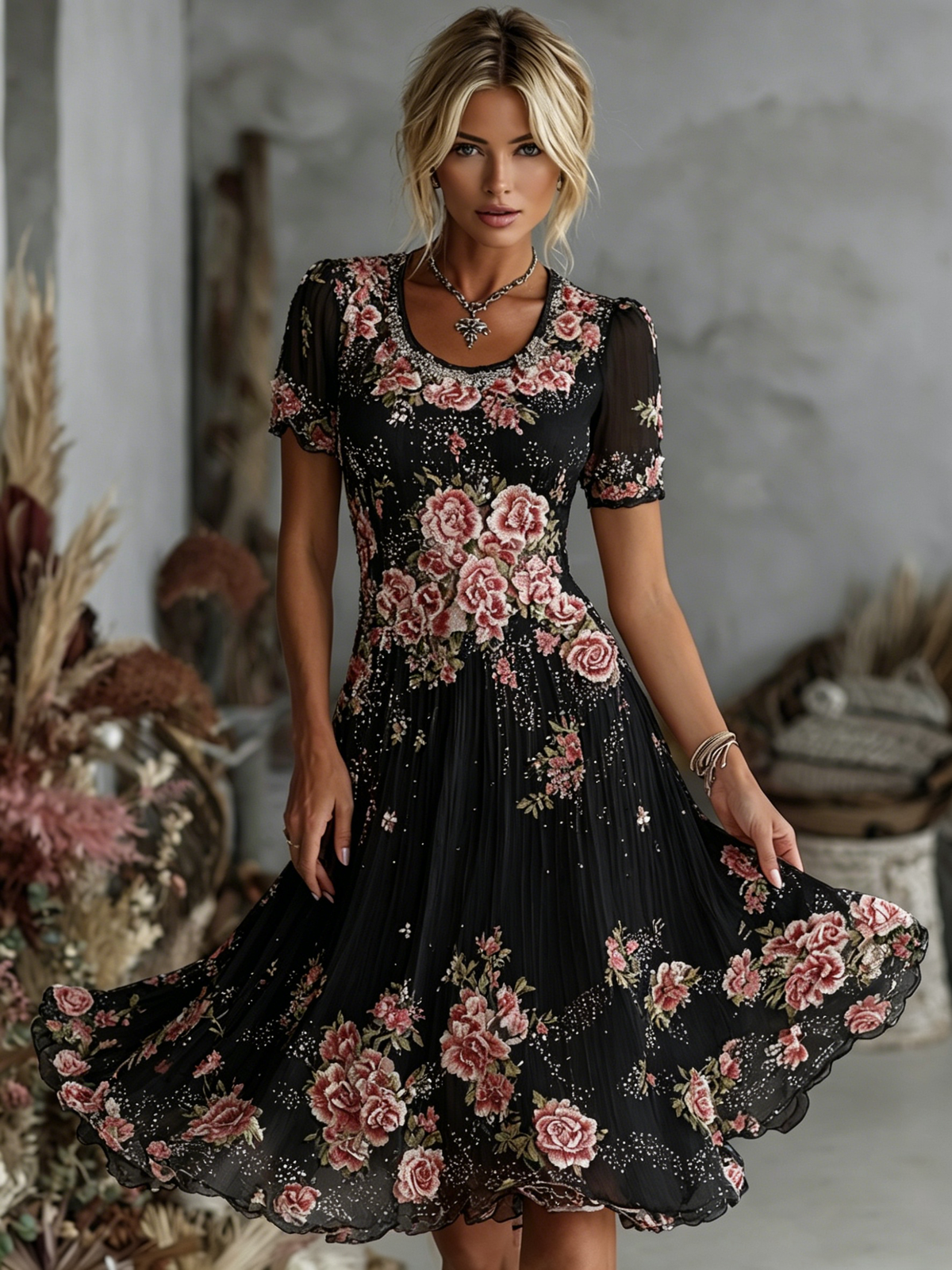 Women's Vintage Floral Art Pattern Crew Neck Short Sleeve Linen Maxi Dress