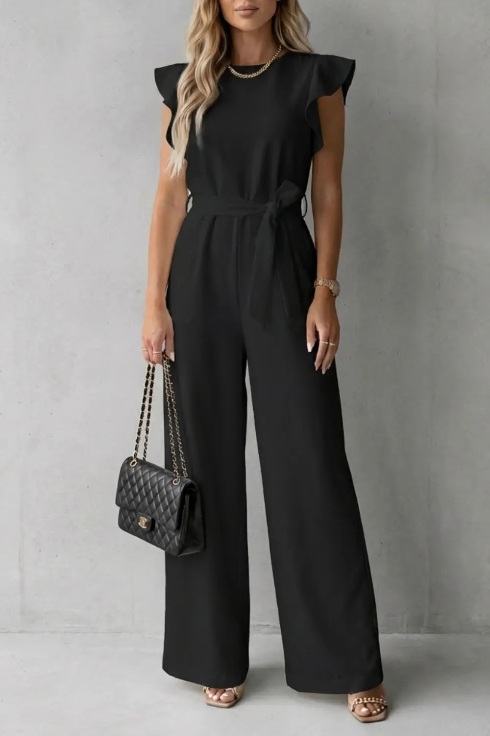 Ruffle sleeve belted – Wide-leg jumpsuit