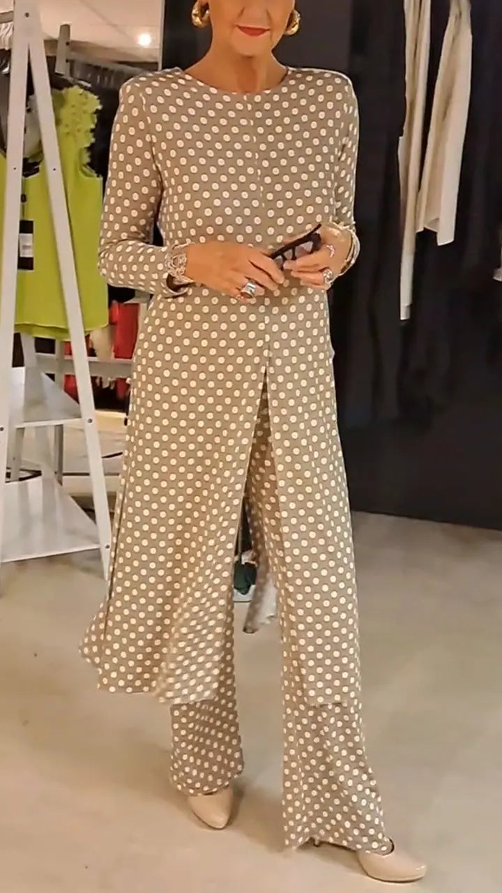 Women Round Neck Polka Dot Slit Top + Pants Casual Suit