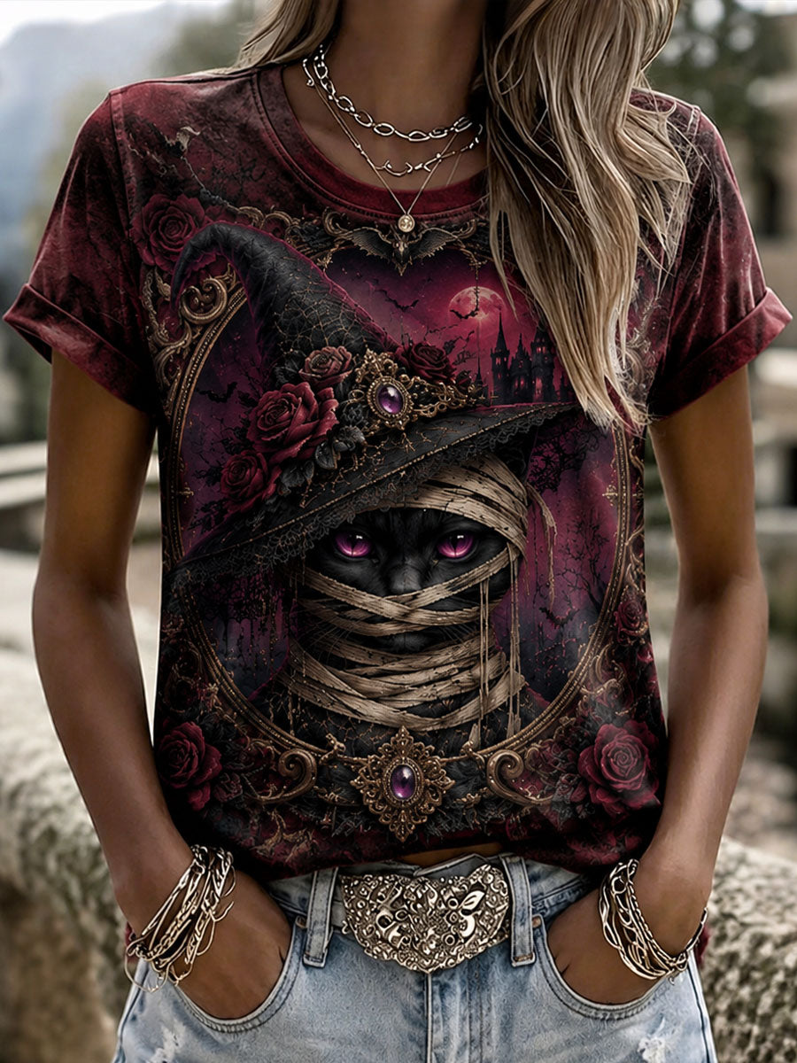 Women's Halloween Black Cat Art Print Casual T-Shirt