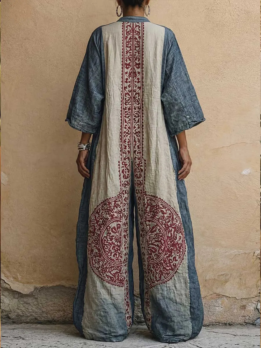 Women's Vintage Print V-neck 3/4-sleeve Cotton-linen Jumpsuit