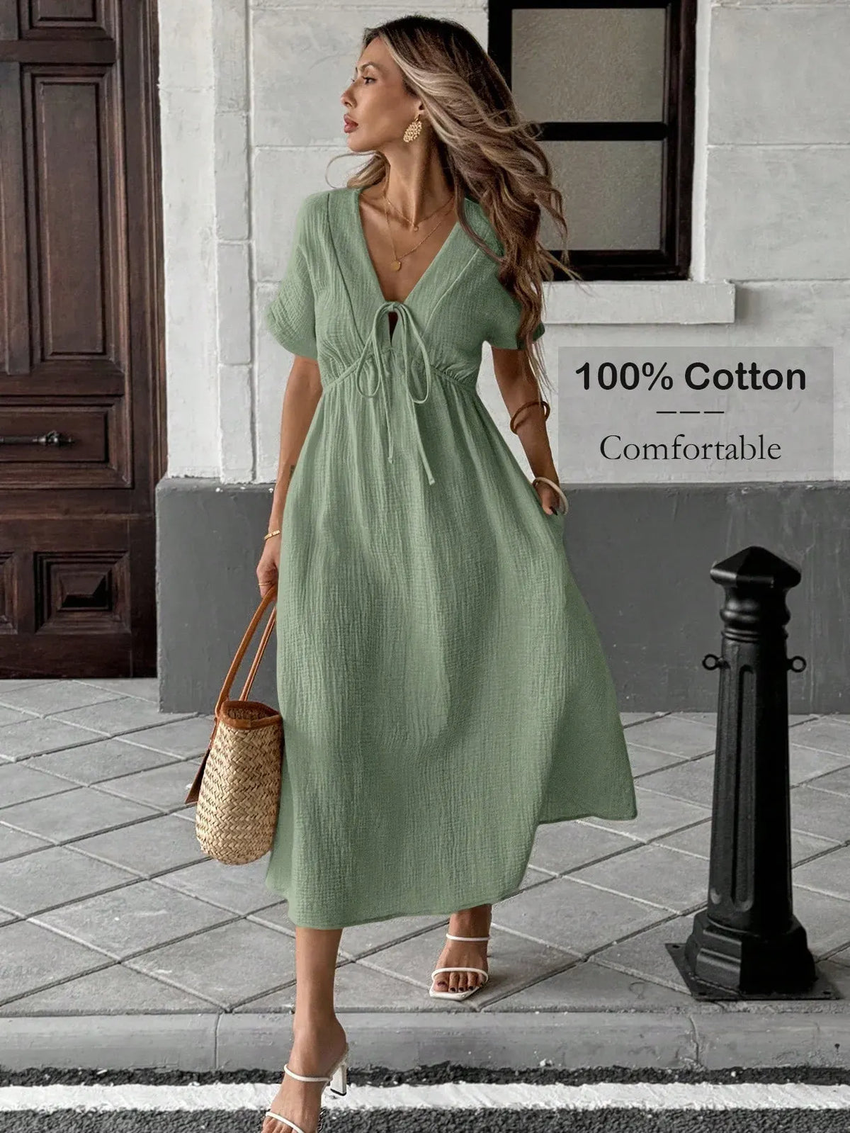 🔥Women's Summer Solid Color V-Neck Cotton Dress