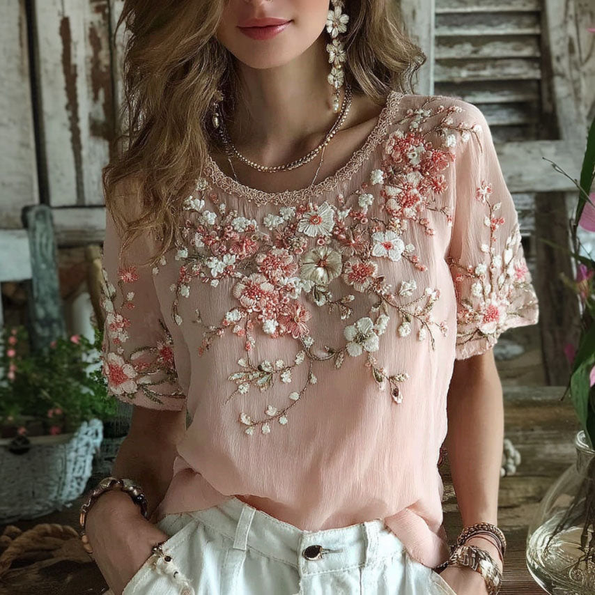 Women's Floral Art Embroidery Cotton Linen T-shirt