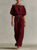 Women's Solid-color Off-the-shoulder 3/4-sleeve Casual Loose Cotton-linen Dress