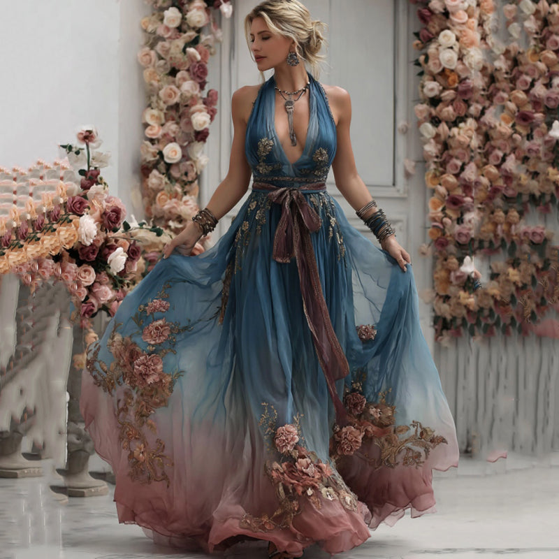 Women's Vintage Floral Embroidered Art Gradient Flowy V Neck Maxi Dress