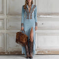 Retro Ethnic Fringe Floral Zipper Dress Western Cowboy Style