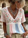 Women's Retro Rose Lace Art Embroidery Color Block Splicing Comfortable Cotton Linen V-neck Short Sleeve T-shirt