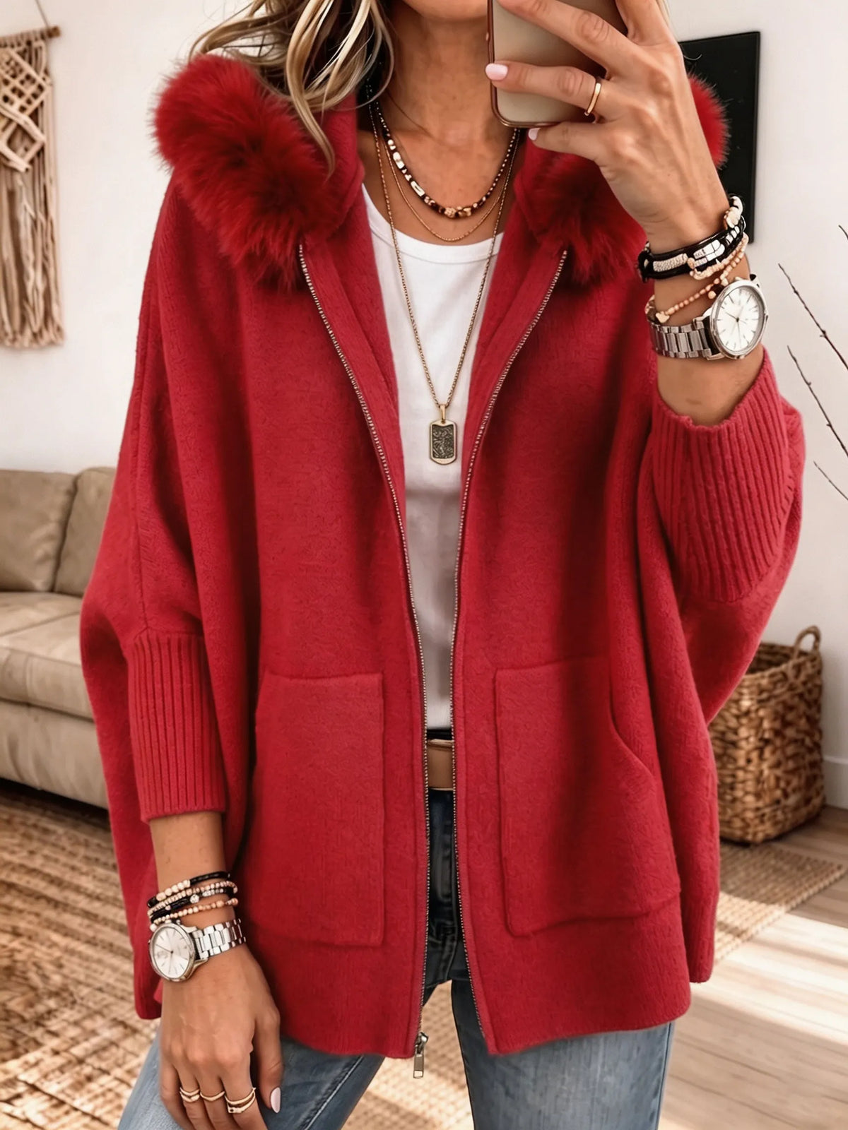 Women Furry Hood Zip‐Up Knit Cardigan, Oversized Cozy Knitted Jacket With Pockets
