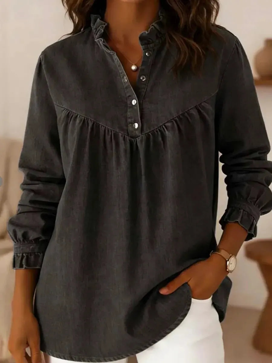 Retro Ruffle Art Casual Stylish V Collar Long Sleeve Denim Shirt