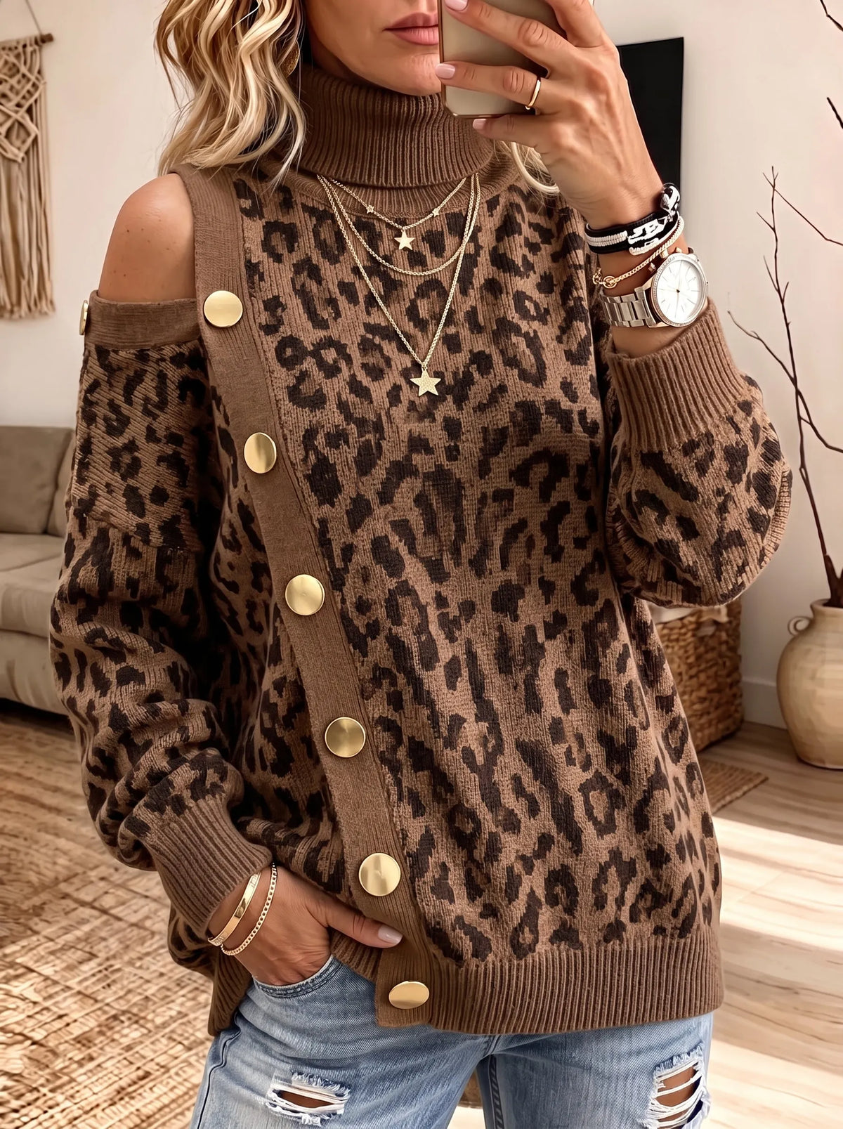 Turtleneck Leopard Print Cold‐Shoulder Button Detail Knit Sweater Women