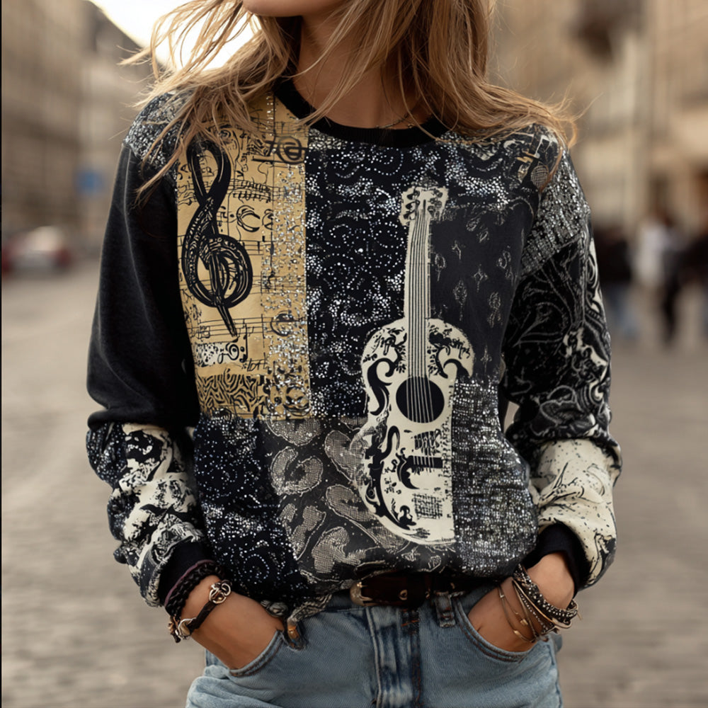 Vintage Music Symbol Black And White Print Spliced Crew Neck Sweatshirt