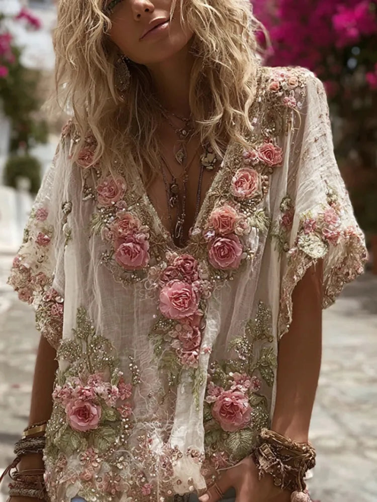Vintage Pink Rose Embroidery Linen Short Sleeve T-shirt