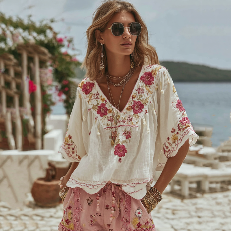 Women's Vintage Floral Art Linen Comfy Shirt