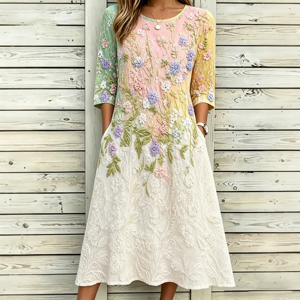 Women's Retro Floral Art Embroidery Color Block Cotton Linen Casual Dress