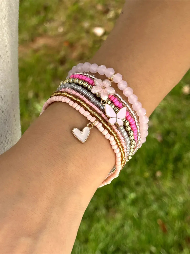 Bohemian 9-piece Butterfly, Flower And Heart Beaded Bracelet