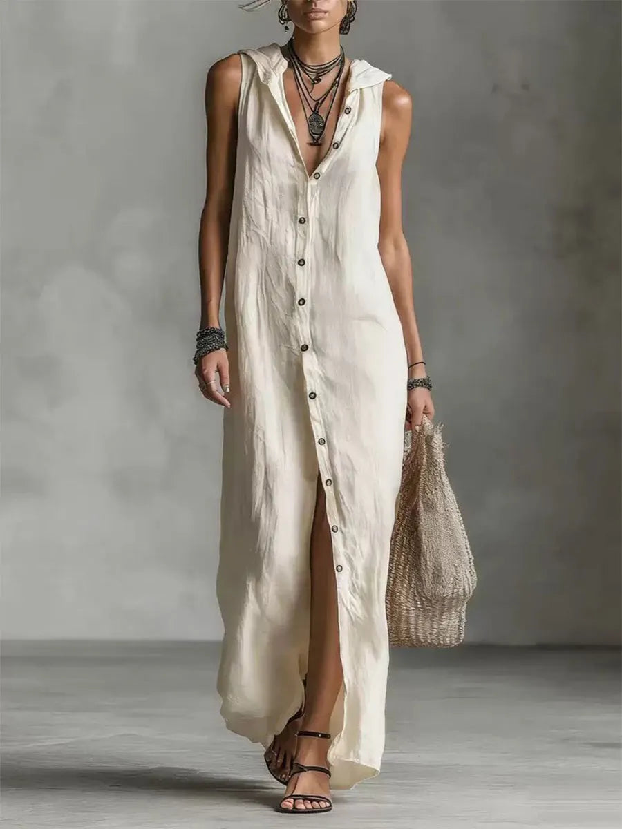 Women's Retro Hooded Solid Color Long-sleeved Cotton Linen Dress