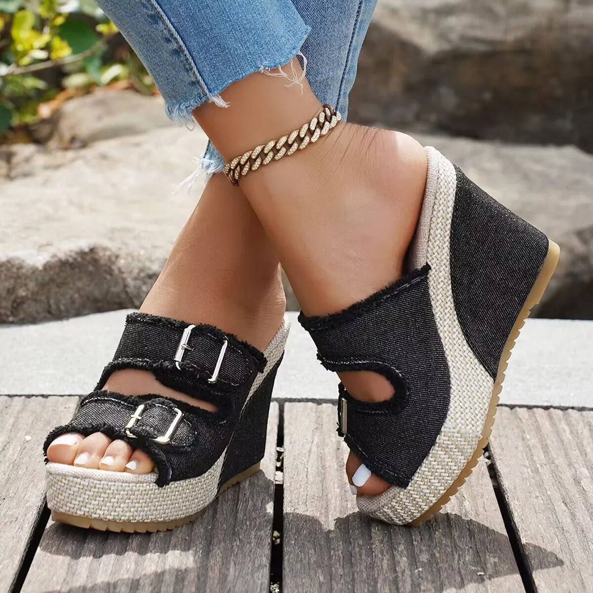 Women's Casual Denim Platform Slide Sandals