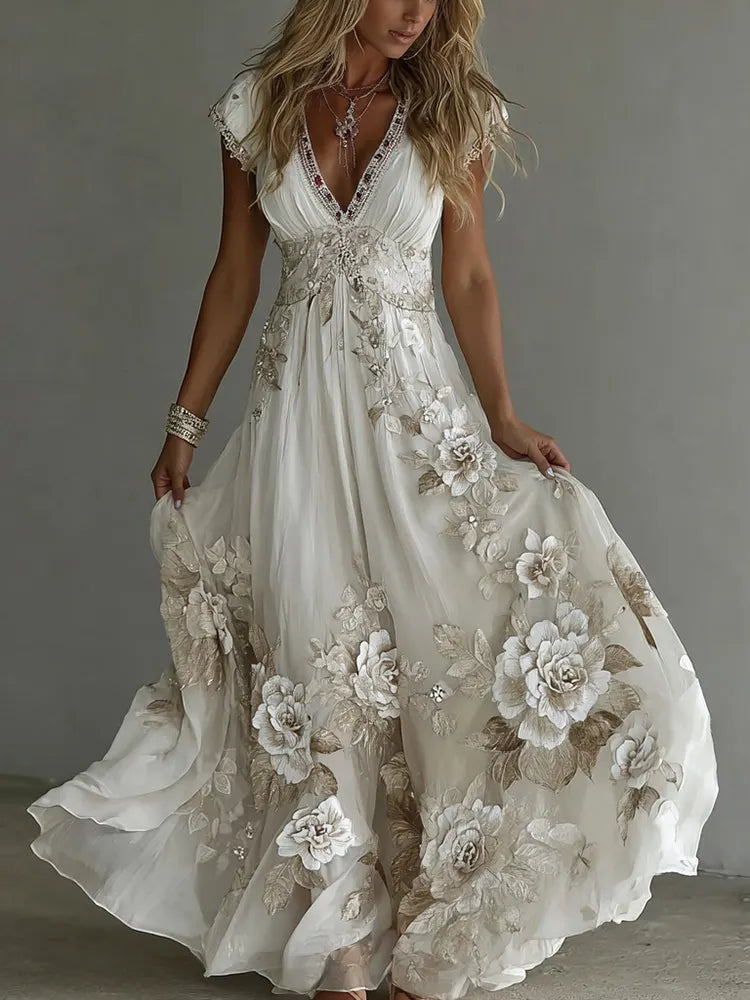 Women's Vintage Boho Floral Art  Short-sleeved Maxi Dress