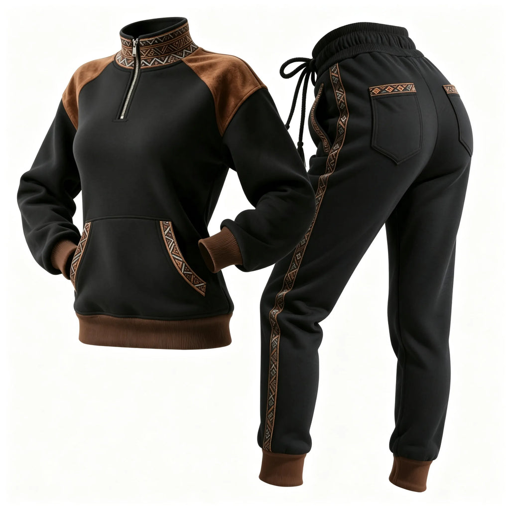 Women's Retro Ethnic Style Half-Zip Stand Collar Sweatshirt And Trousers Set